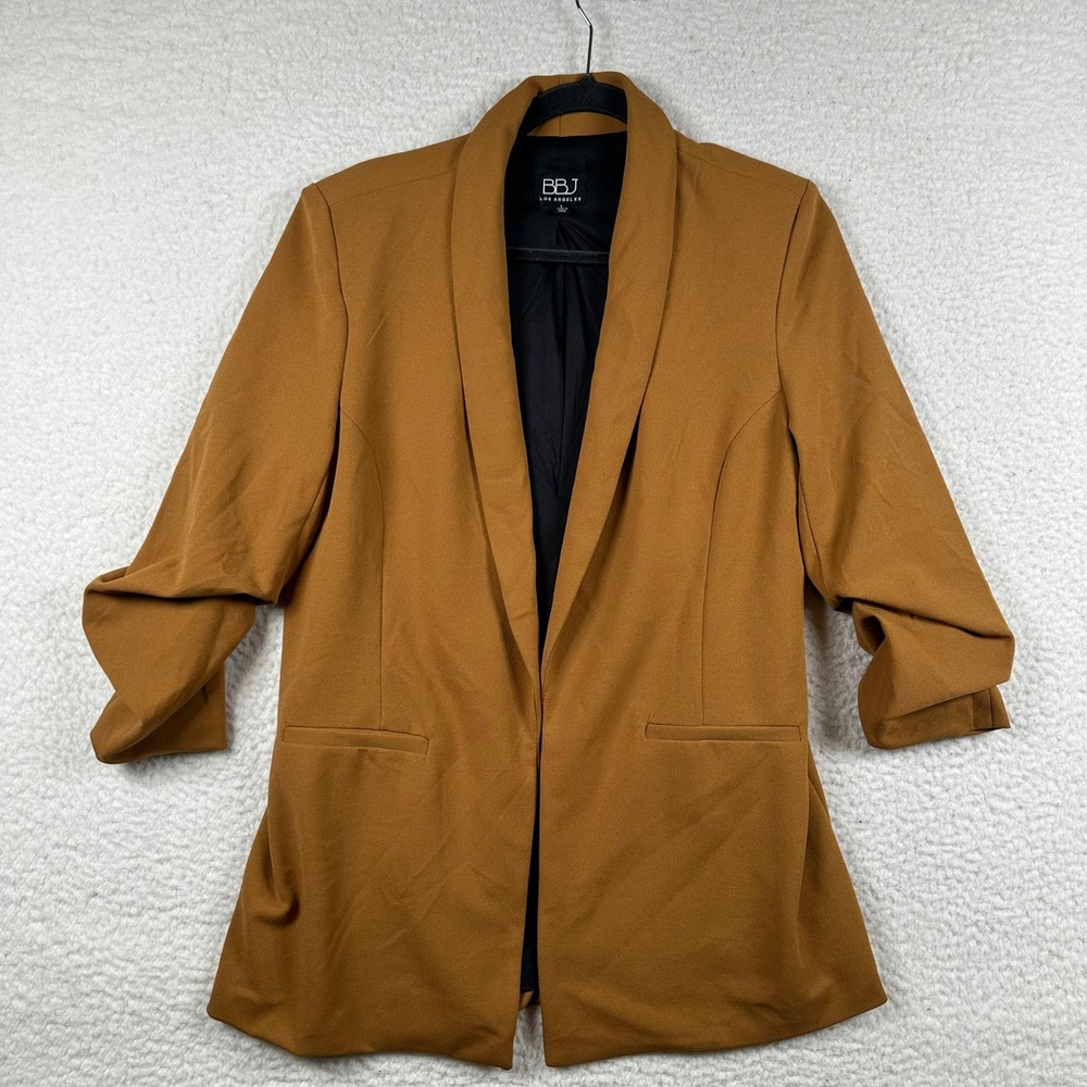 BBJ Los Angeles Blazer Womens Ruched 3/4 Sleeve Open Front L Camel Brown Office